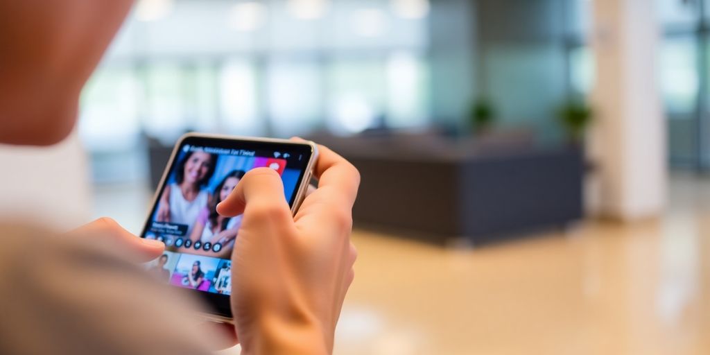 Person using smartphone with social media feeds displayed.