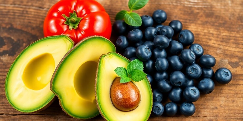 Heart-healthy foods arranged on a rustic wooden table.
