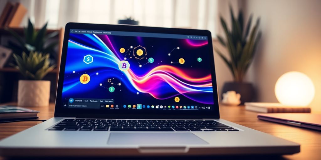 Laptop showing cryptocurrency interface in a cozy workspace.