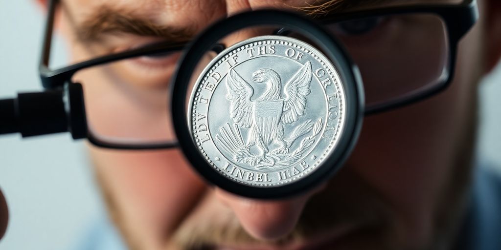 Coin authentication process with magnifying glass on silver coin.