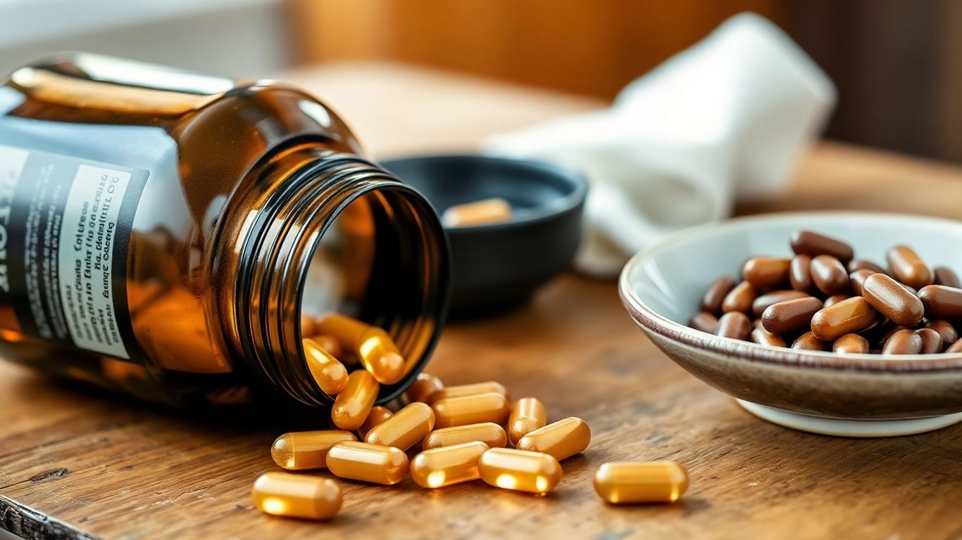 Nattokinase capsules and fermented natto beans on table