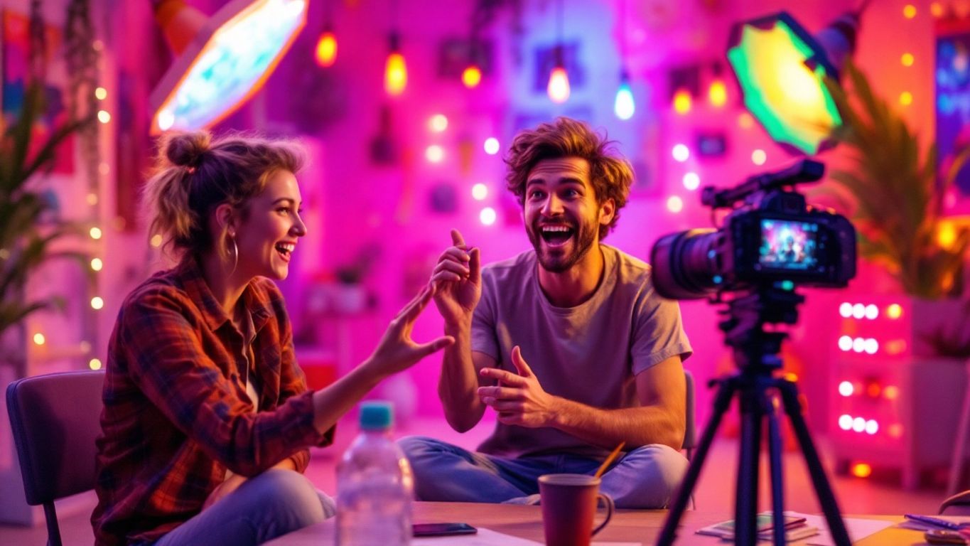 Content creator filming an engaging video in a colorful setting.