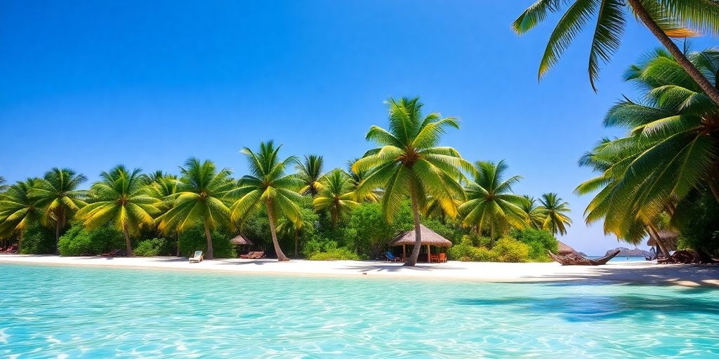 Turquoise waters and white sand beach in Zanzibar.