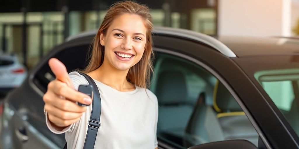 Homem sorridente dirigindo carro novo