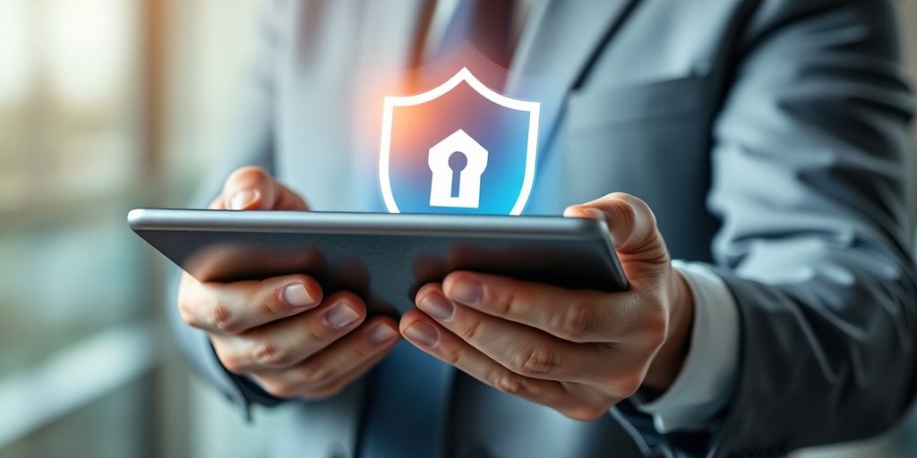 Leader holding tablet with digital security shield.