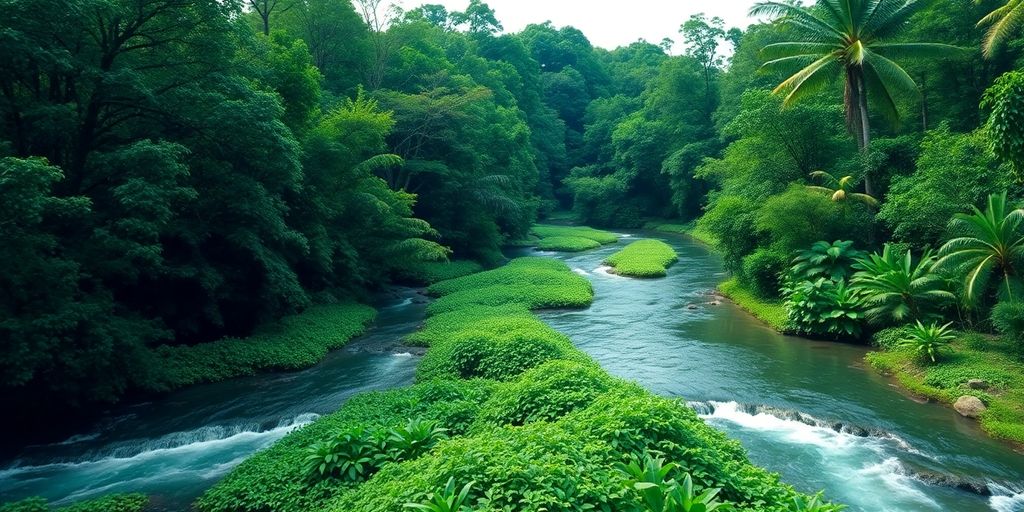 Natureza exuberante com árvores e um rio limpo.
