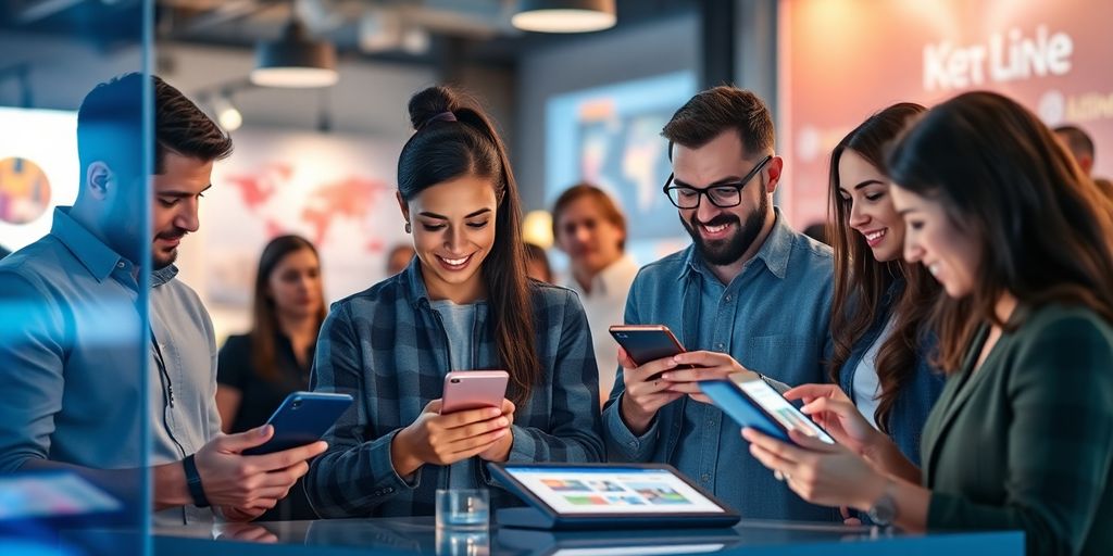 Diverse people engaging with personalized digital marketing content.