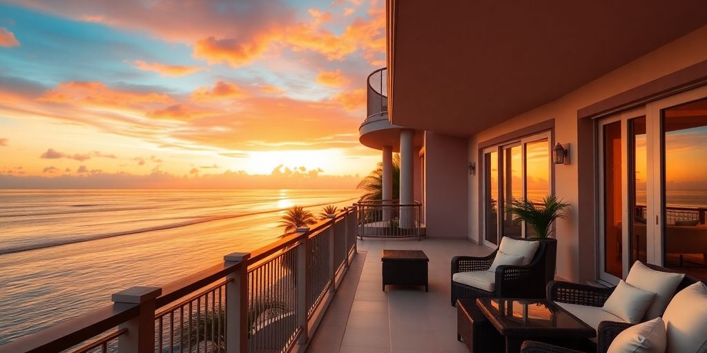 Luxury villa balcony overlooking the ocean at sunset.