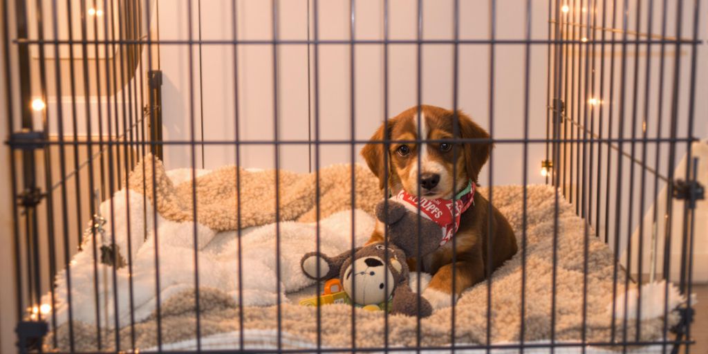 Cozy puppy crate with blanket and toy inside.