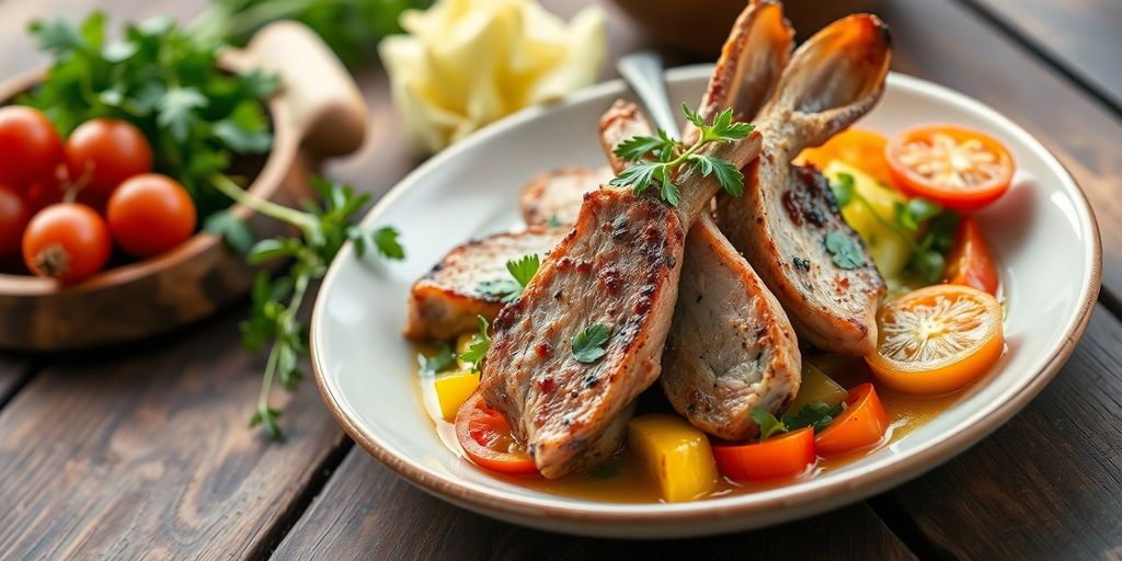 Plated rabbit meat dish with herbs and vegetables.