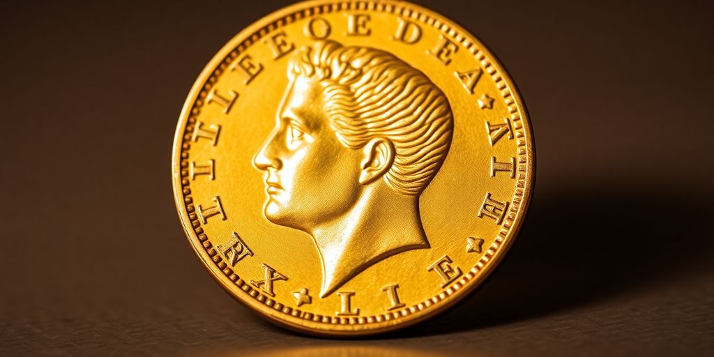 Gros plan d'une pièce de Napoléon en or.