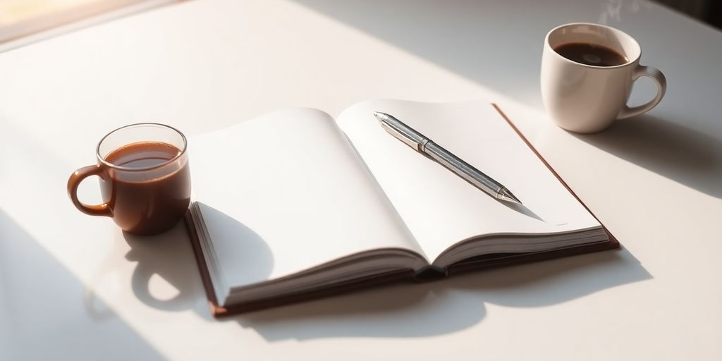 Open notebook, pen, and coffee