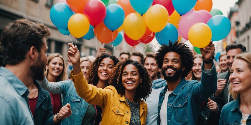 Group of people celebrating with balloons and smiles.