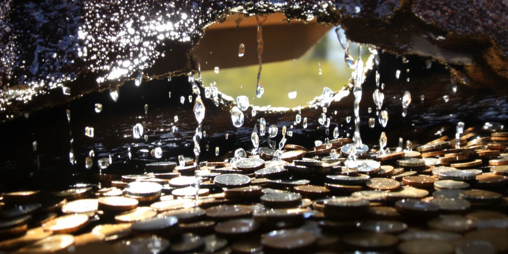 Leaking roof with water dripping onto homeowner's savings.