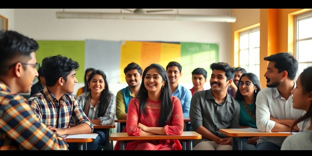 Students collaborating in a lively classroom setting.