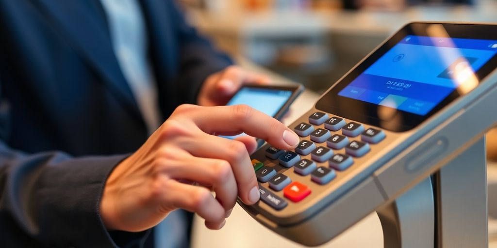Customer using a digital payment terminal for transactions.