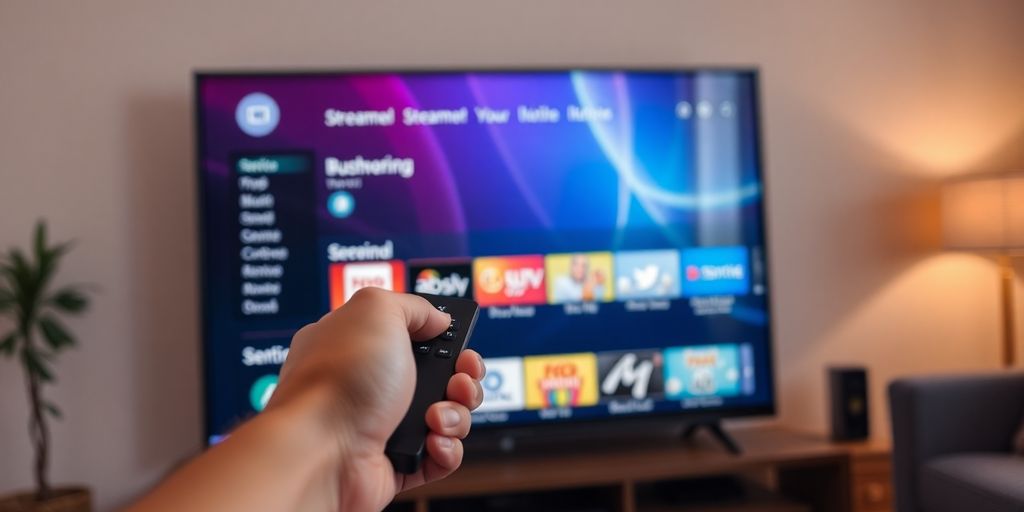 Télévision avec interface de streaming personnalisée et télécommande.