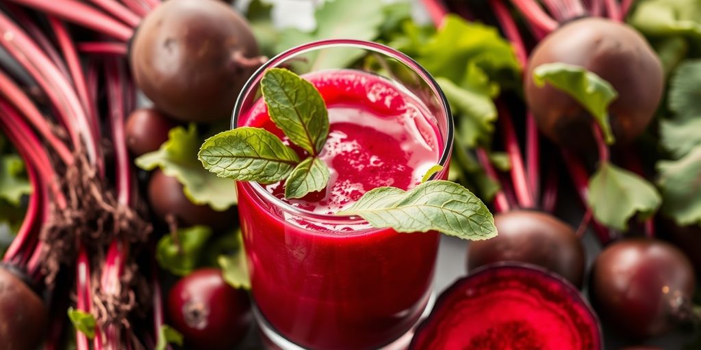 Glass of beetroot juice with fresh beetroots.