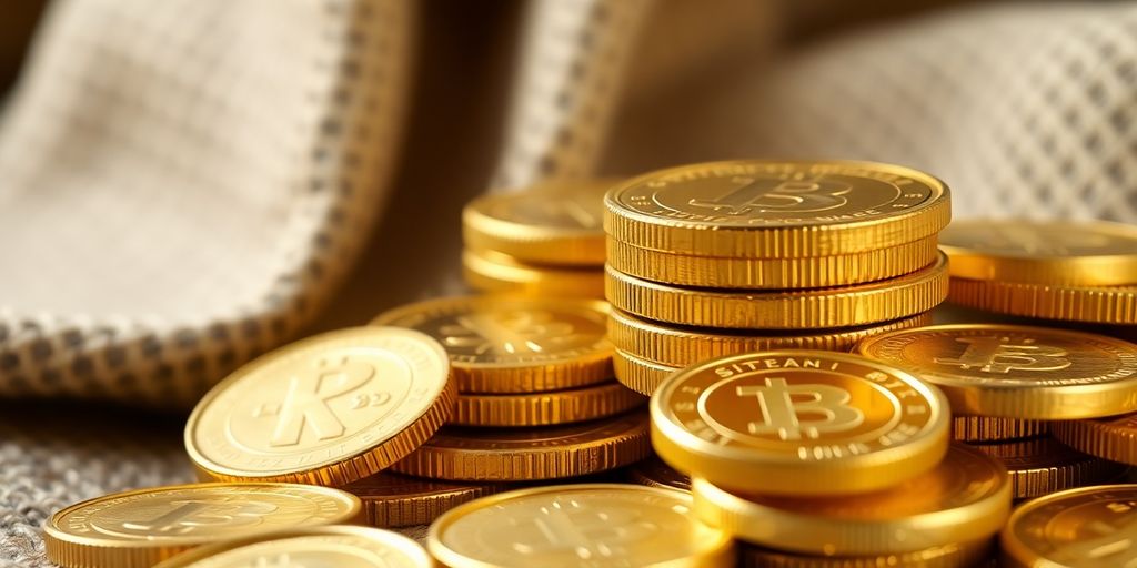 Des pièces d'or empilées brillantes sur un tissu.