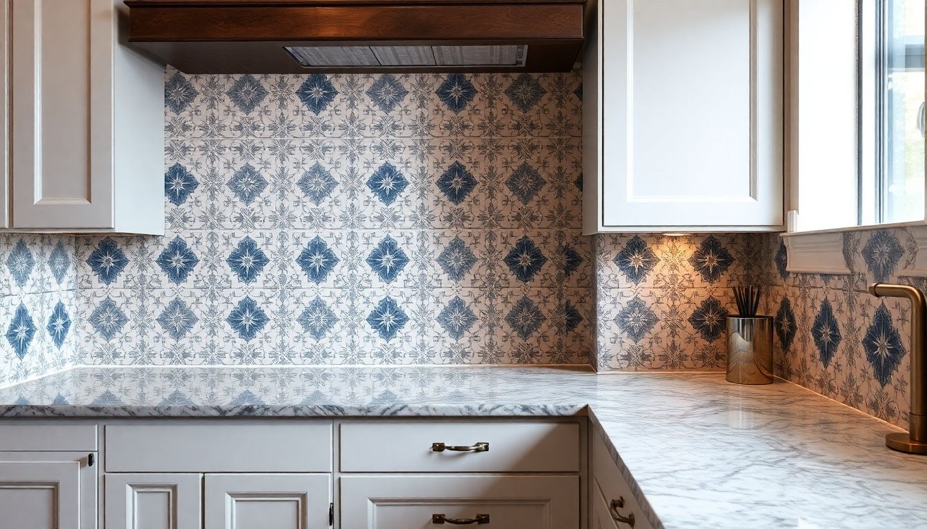 Realistic tiled kitchen with intricate patterns and textures.