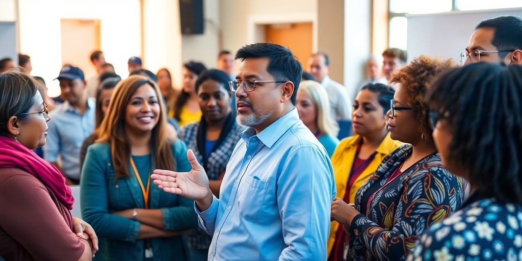 Grupo diverso en charla sobre salud en clínica.