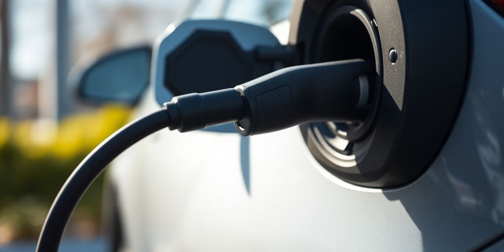 Electric vehicle charging station cord unplugged from car.