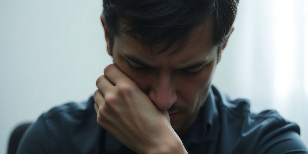 Homem preocupado, pensativo, sentado com a mão no queixo.