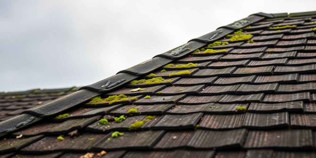 Close-up of a damaged roof with moss and missing shingles.