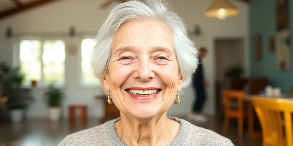 Ältere weiße Person lächelt in hellem Umfeld.