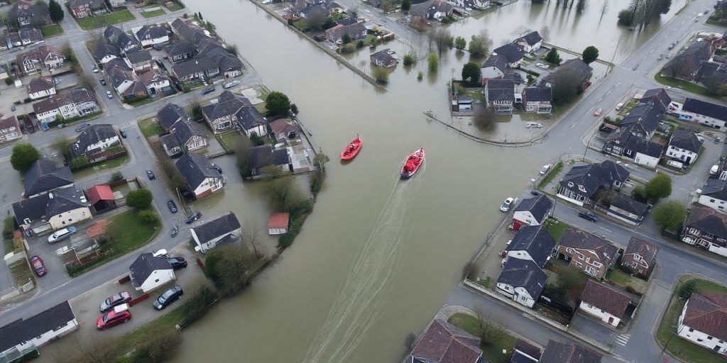 Flooded houses surrounded by water and rescue efforts.