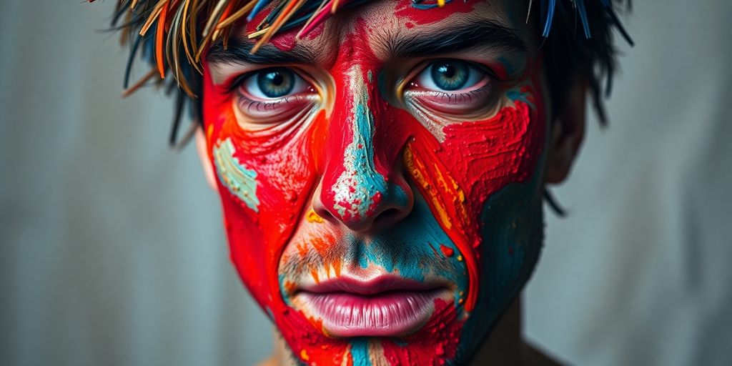 Colorful paint strokes forming a face, conveying emotion.