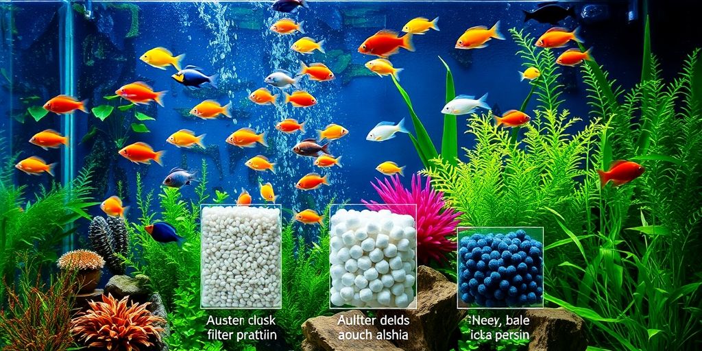 Colorful aquarium with fish and filter media visible.