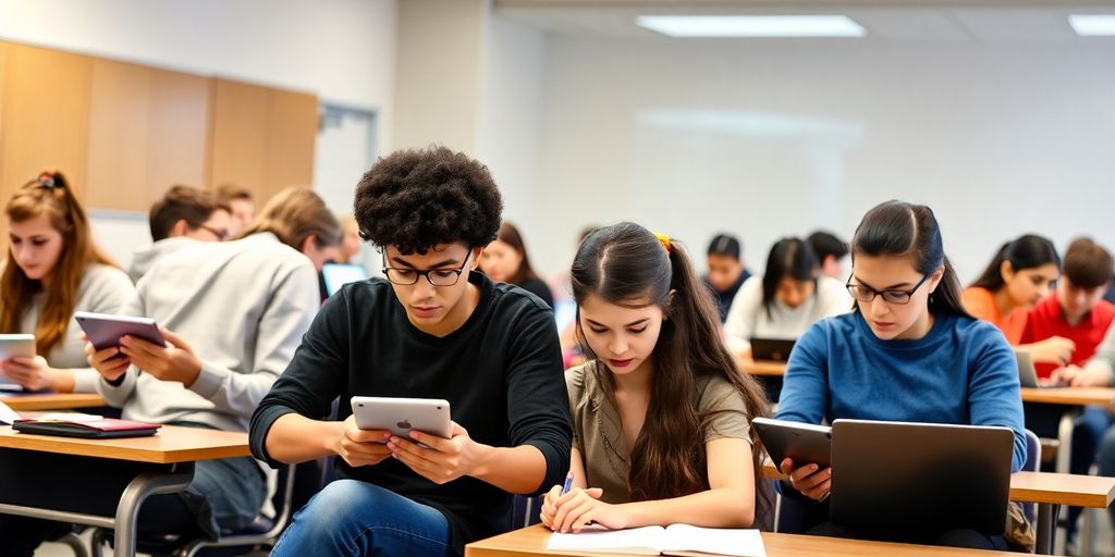 Students using technology in a classroom setting.