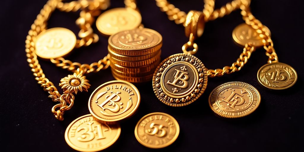 Bijoux et pièces d'or sur fond de velours.