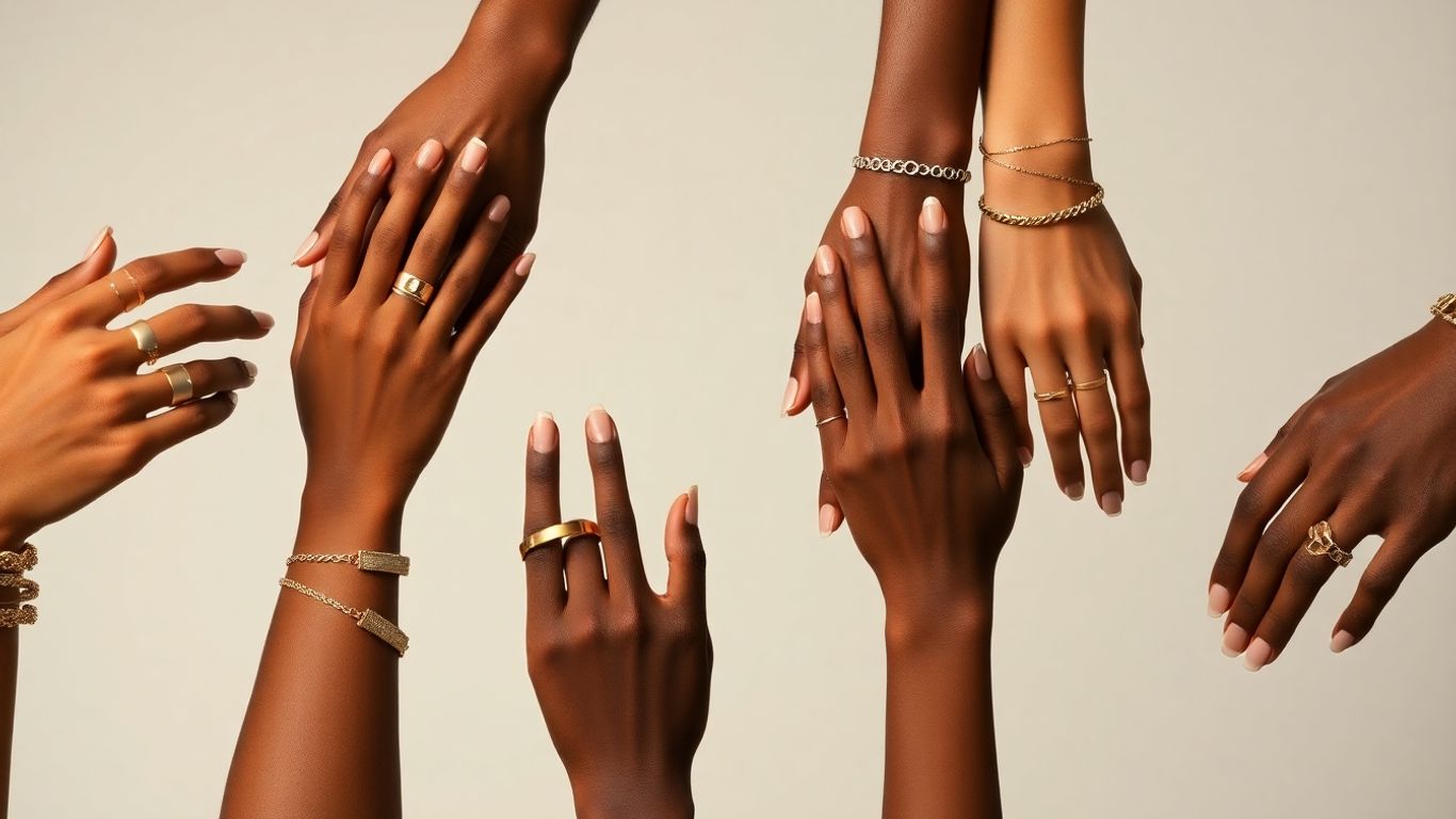 Mains diverses portant des bijoux en or unisexes modernes