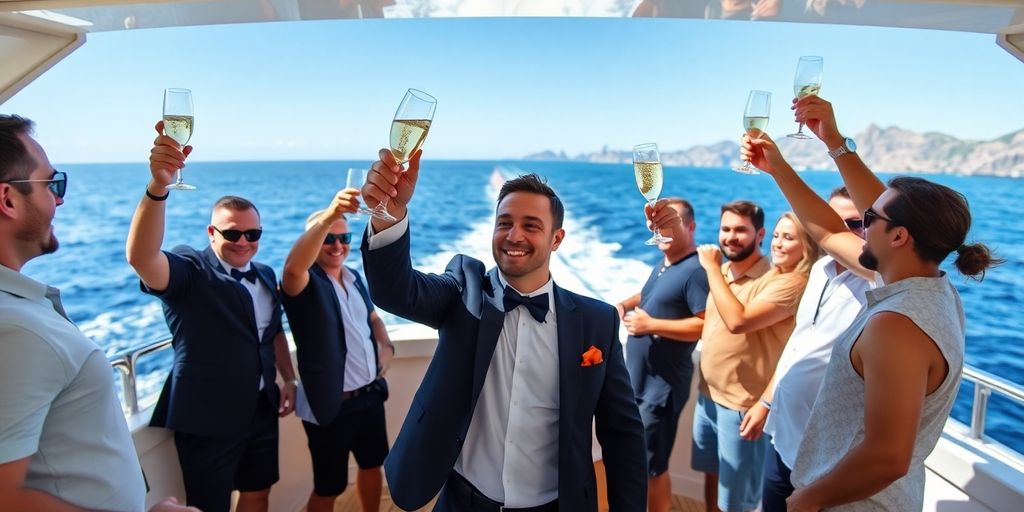 Groom and friends celebrating on a luxury yacht in Cabo.