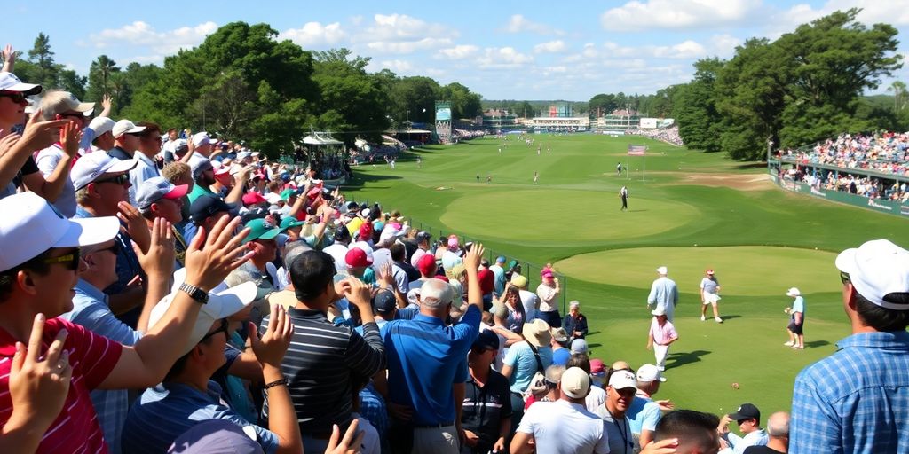 Fans cheering at a PGA Tour golf tournament.