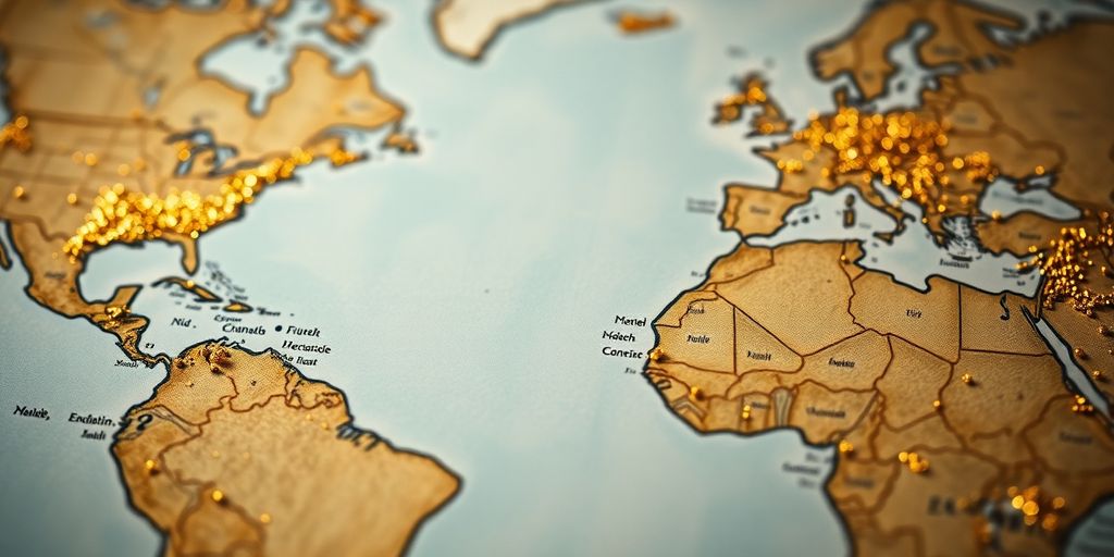 Carte du monde avec des pépites d'or