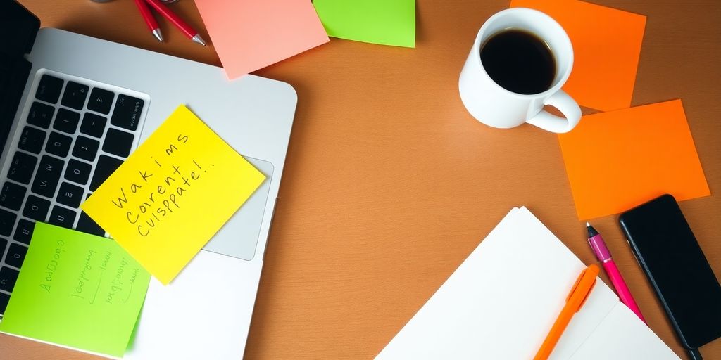 Creative workspace with laptop and colorful notes.