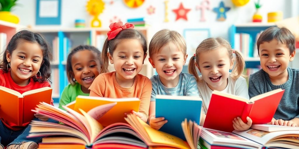 Children happily exploring books, sparking their imagination.