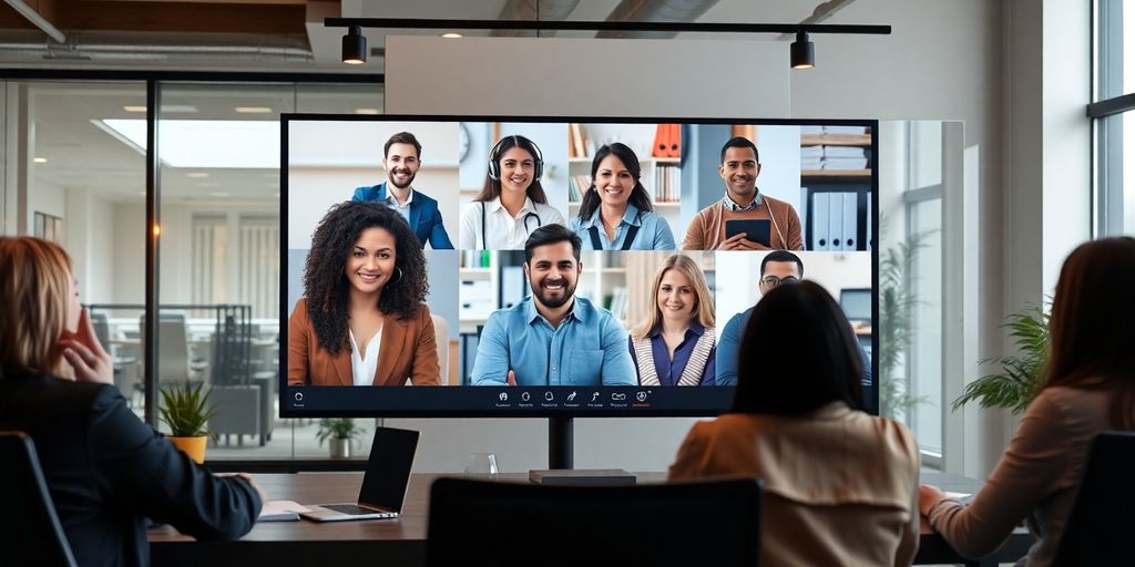 Diverse team in a video conference within an office setting.