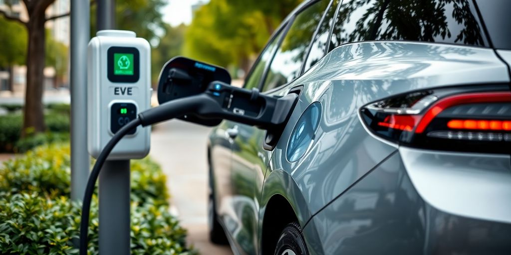 Electric vehicle charging station with a car plugged in.