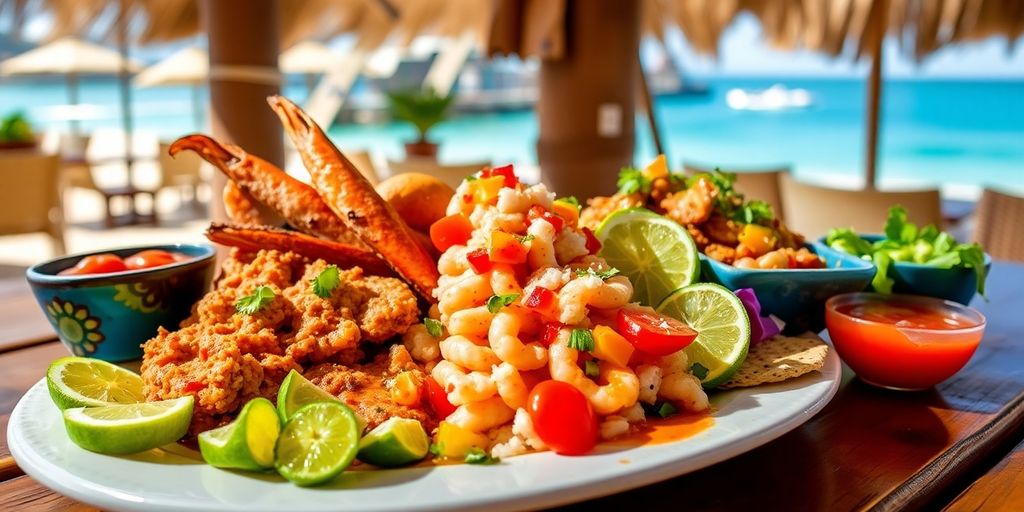 Colorful Mexican dishes on a sunny Cabo beach setting.