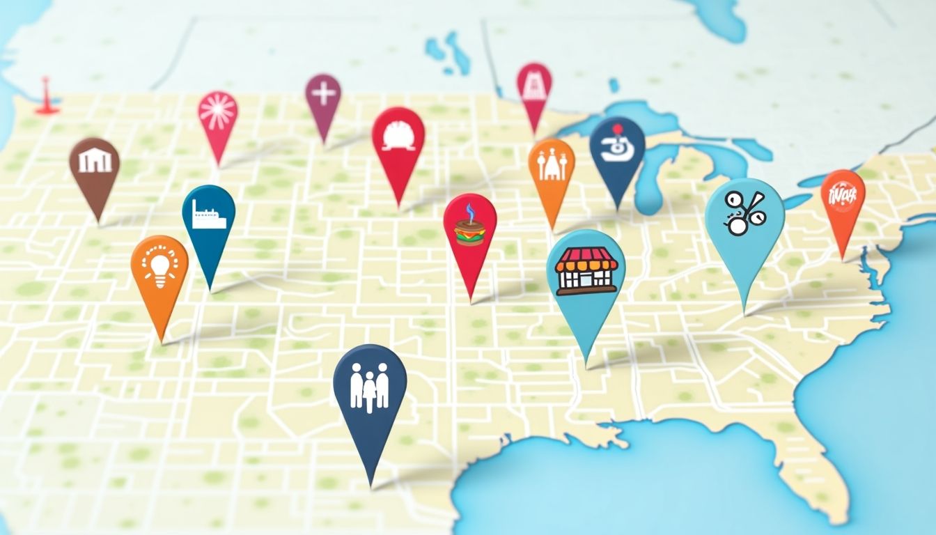 Map with location pins representing brand identities in Omaha.