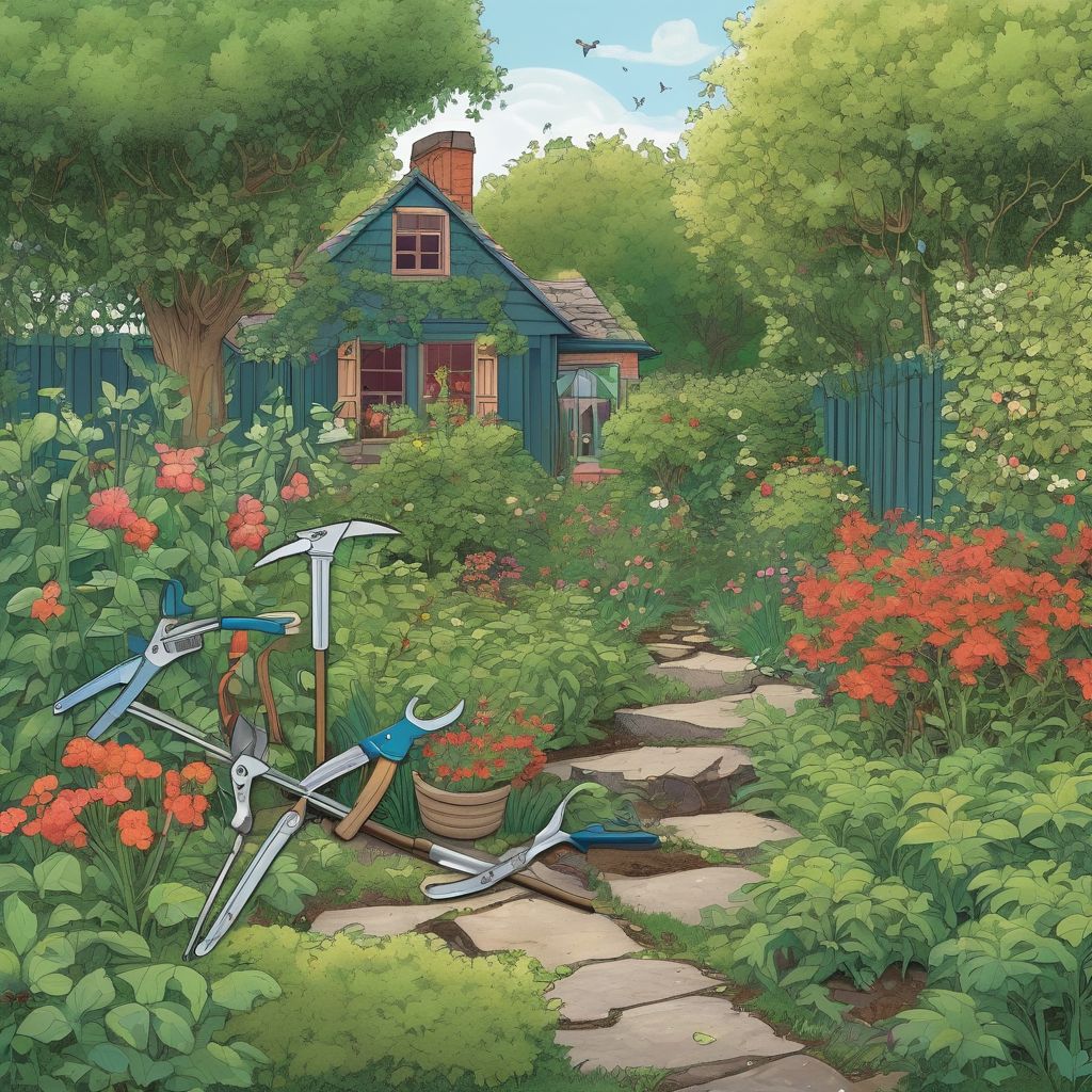 overgrown garden with pruning and trimming tools