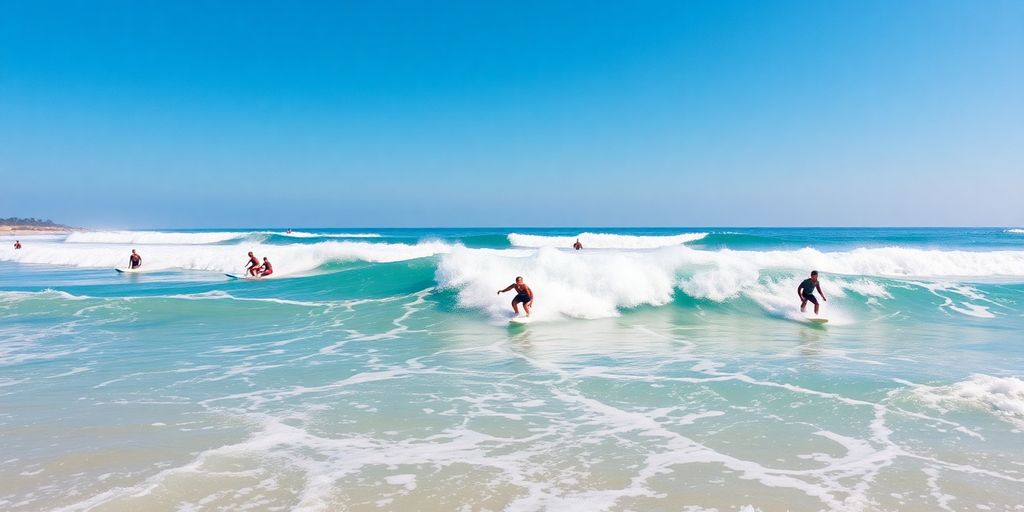 Surfers enjoying the waves at a beach in Phuket.