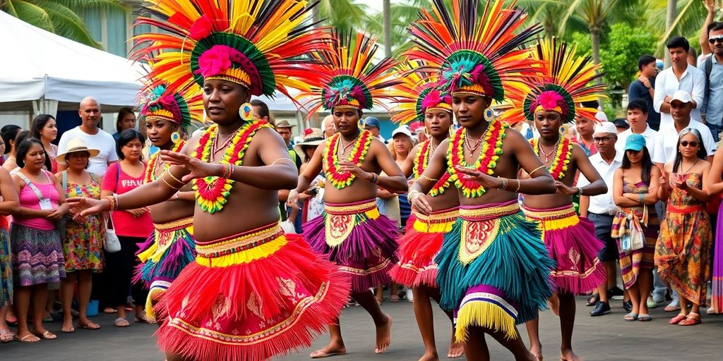 Marquesan dancers in vibrant traditional attire during a festival.