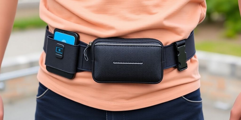 Black waist bag attached to a belt with a phone inside.