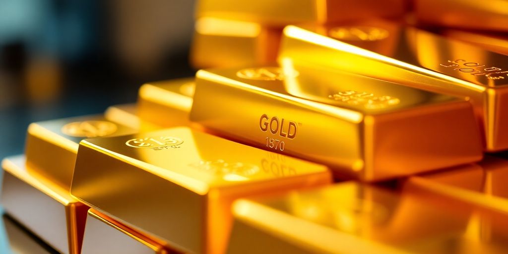 Piles de lingots d'or brillants sur fond flou.