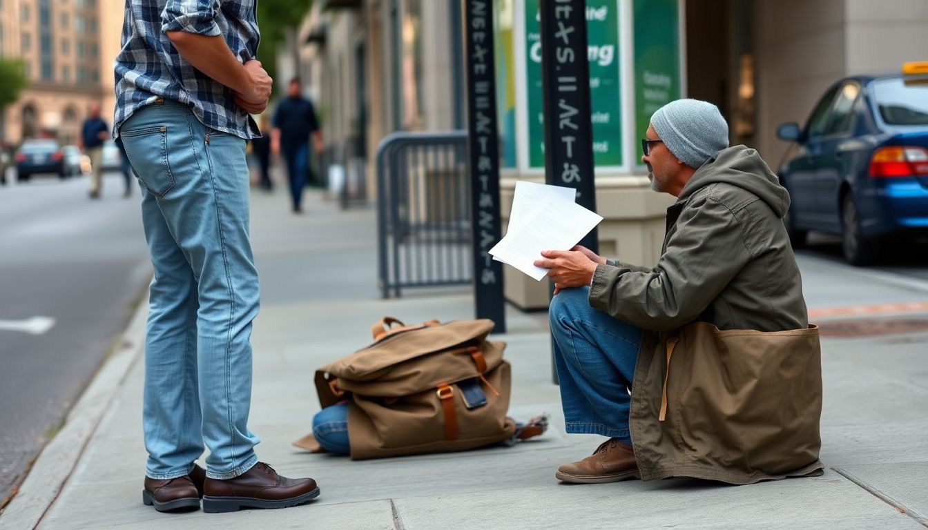 Man delivering court papers to a homeless individual.